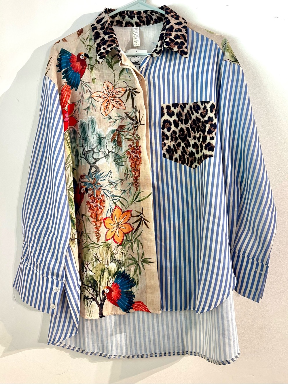 NWT CB L’uccello Italian Mixed-Media Print Button-Down Linen Blend Blouse TU